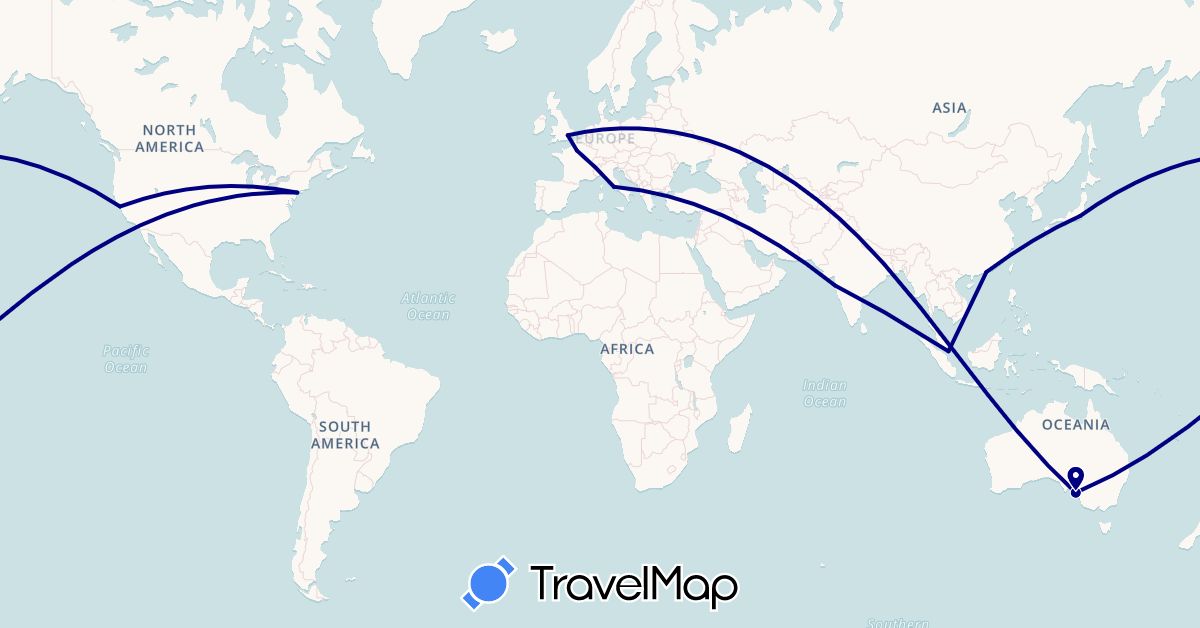 TravelMap itinerary: driving in Australia, China, France, United Kingdom, India, Italy, Japan, Singapore, United States (Asia, Europe, North America, Oceania)